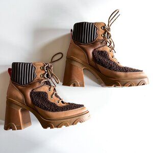 Sorel Women's Brex Heel Sherpa Leather Cozy Lace Bootie Winter Boots Tawny Buff